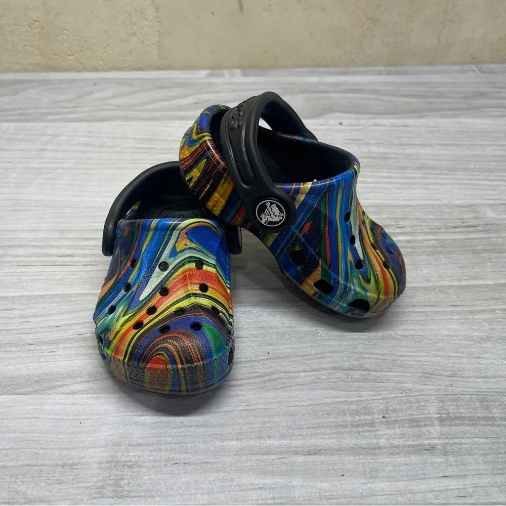 CROCS Baya Seasonal Printed Multicolor Rainbow Black Baby Size 4C